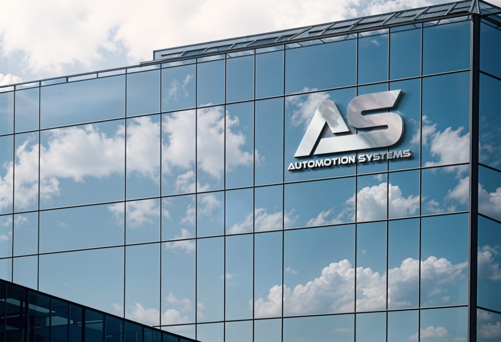 Mock-up van het logo van Automotion Systems op een bedrijfsgebouw.
