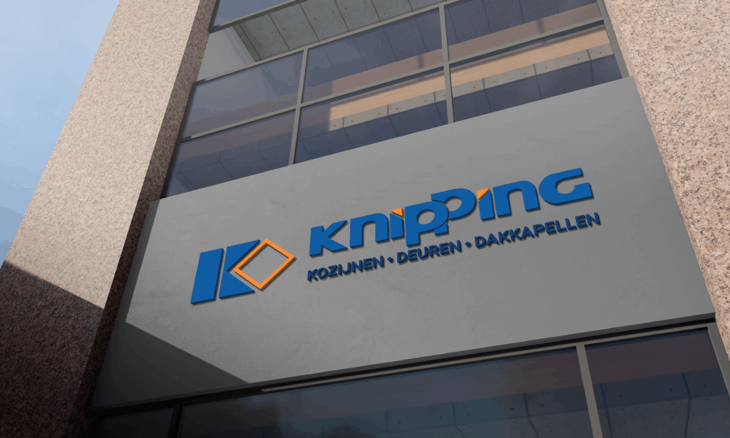 Mock-up van het logo van Knipping Kozijnen op een bedrijfspand.